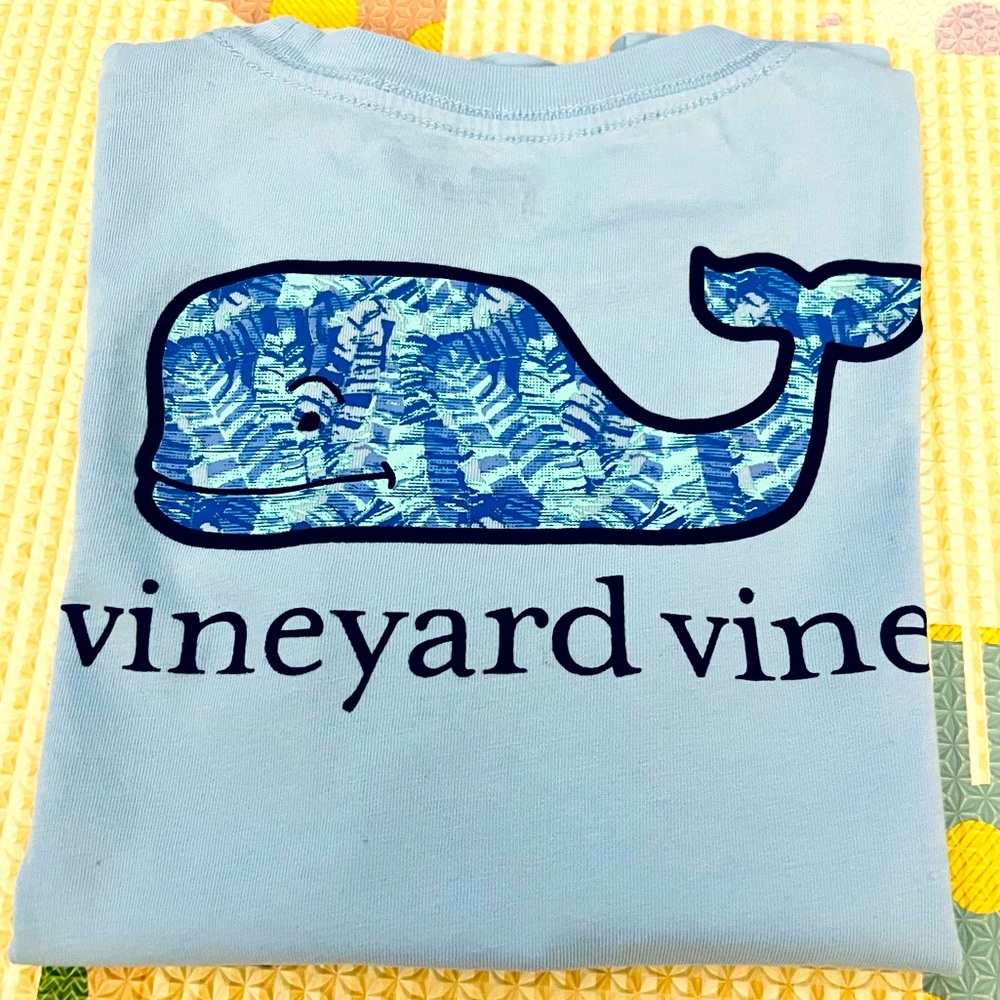 Vineyard Vines Light Blue Tee with Navy and Multi-Blue Whale Graphic